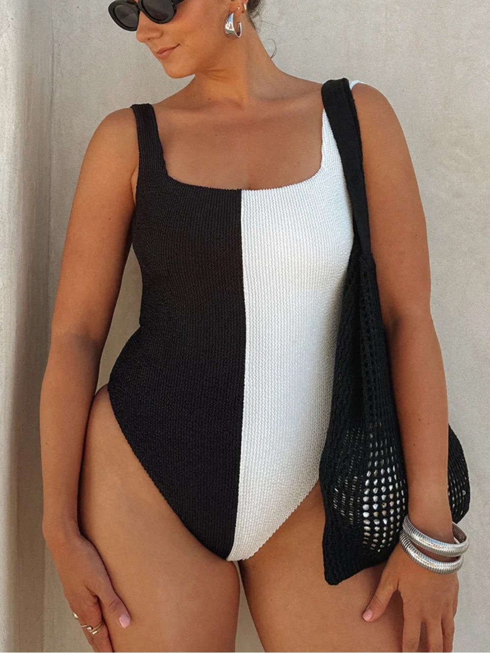 Show Me Your Mumu the scrunch textured one piece swimsuit 2XL black white